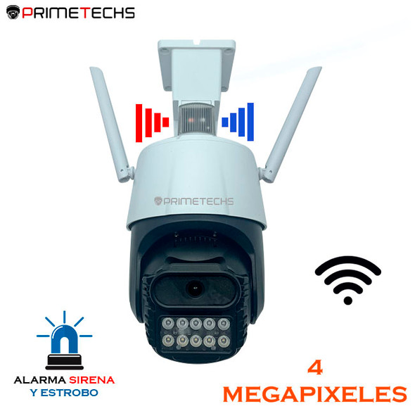 Cámara PRIMETECHS IP WIFI y Cable RJ45, PT 4MP Alarma y Estrobo, Fullcolor , detección y auto seguimiento humano, audio bidireccional. Inteligencia Artificial y grabación en nube(Opcional) , ONVIF Dahua y Hikvision