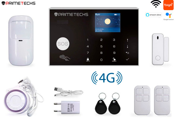 Alarma inalámbrica PRIMETECHS WIFI y 4G con pantalla touchscreen para sensores inalámbricos y alámbricos, sirena exterior y notificación por aplicación celular TUYA