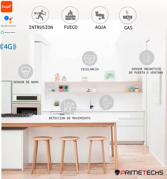 Alarma inalámbrica PRIMETECHS WIFI y 4G con pantalla touchscreen para sensores inalámbricos y alámbricos, sirena exterior y notificación por aplicación celular TUYA