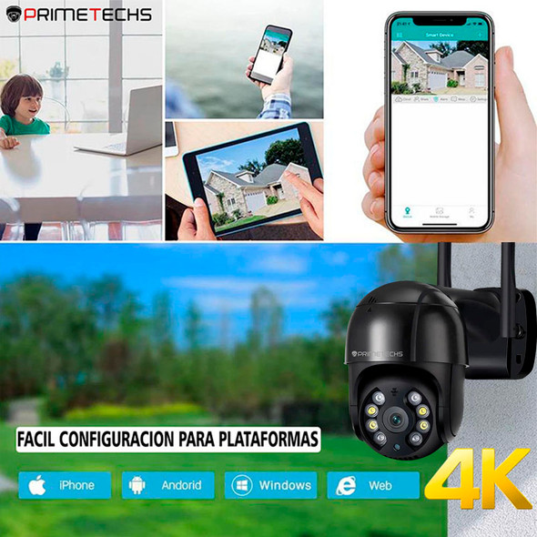 Cámara PRIMETECHS IP WIFI y Cable RJ45 LAN, PTZ 8MP, 4k, Autotracking, detección movimiento. Inteligencia Artificial y grabación en nube(Opcional) , ONVIF Dahua y Hikvision