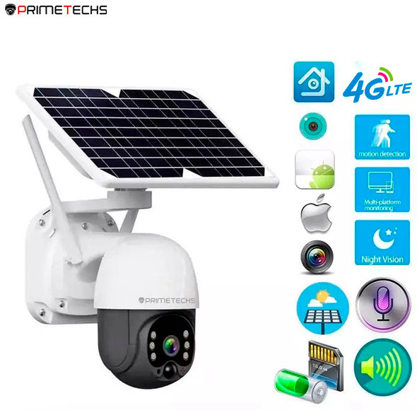 Cámara IP, PT y 4G 2 MP, WiFi y solar, autónoma, detección y grabación por movimiento, batería de respaldo, alarma, Infrarrojo y Fullcolor, Exterior, Mov horizontal 355 grados y vertical 110 grados. IA y grabación en nube(Opcional) , ONVIF Dahua y Hikvision