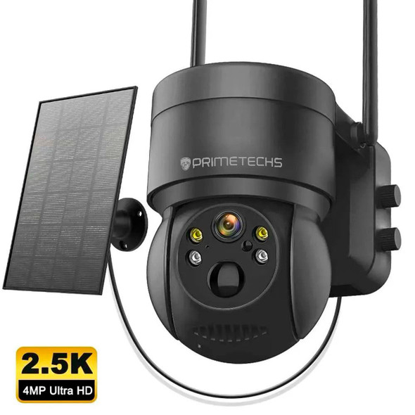 Cámara IP Primetechs PT 5MP, WiFi y solar, autónoma, detección y grabación por movimiento, baterías de respaldo, alarma, Full color, Infrarrojo y Led Blanco, Exterior, Movimiento horizontal de 355 grados y vertical de 110 grados. Inteligencia artificial y grabación en la nube(Opcional) , ONVIF compatible Dahua y Hikvision