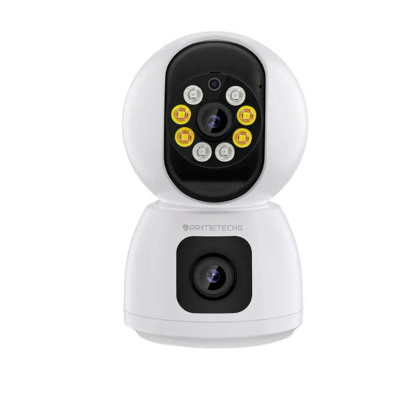 Cámara WIFI y Cable LAN, PTZ 4 Megapixeles,  (2mp x 2 lentes), Auto tracking por detección humana y movimiento, Iluminación IR y Full color, Interior, con IA y grabación en la nube(Opcional) Primetechs