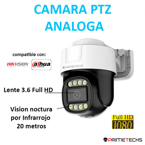 PTZ analoga para dvr 2 megapixeles Full HD, infrarrojo, plug and play Primetechs, compatible Dahua, Hikvision