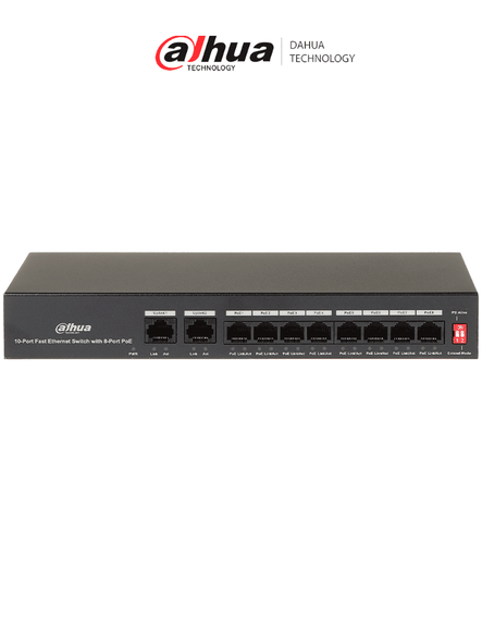DAHUA PFS3010-8ET-65 - Switch Poe de 10 Puertos Fast Ethernet/ 8 Puertos Poe/ 2 Puertos Uplink/ 65 Watts Totales/ Soporta PoE Watchdog/ Switching 2.0 Gbps/ Con Protección de Descargas