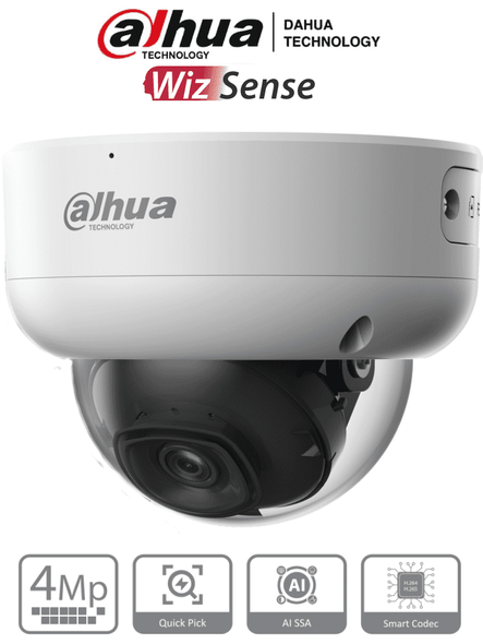 DAHUA IPC-HDBW3441E-AS-S2 - Camara IP Domo Antivandalica de 4 Megapixeles con IA/ WizSense/ Lente de 2.8 mm/ 107 Grados de Apertura/ IR de 50 Metros/ SMD 4.0/ AI SSA/ 1 E&S de Alarma y Audio/ Ranura para MicroSD/ IP67/ IK10/ PoE