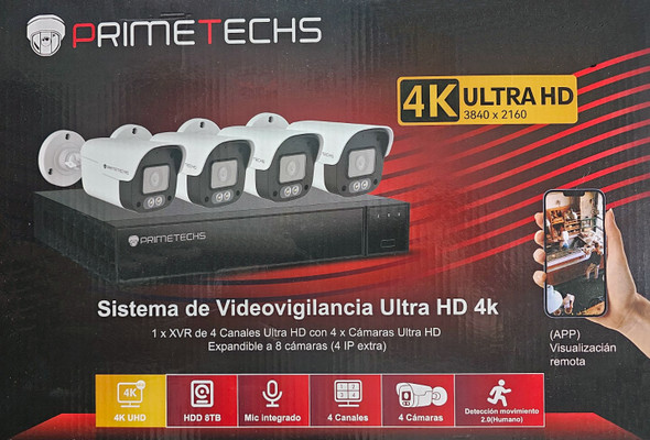 PS-DK8MC4B1MA KIT PRIMETECHS 8 MPX PARA 4 CÁM ANALOG Y 4 IP. KIT DISCO 500 GB CON 4 CAM METAL IP67, 8 MPX MICRO,  2.8 MM, DVR CON ALARMAS, GRABA 8 MP REALES, IA DETECTA PERSONAS Y NOTIFICA LOCAL Y CEL,  GRABA EN LA NUBE Y GOOGLE DRIVE CAMARA 1(OPCION).