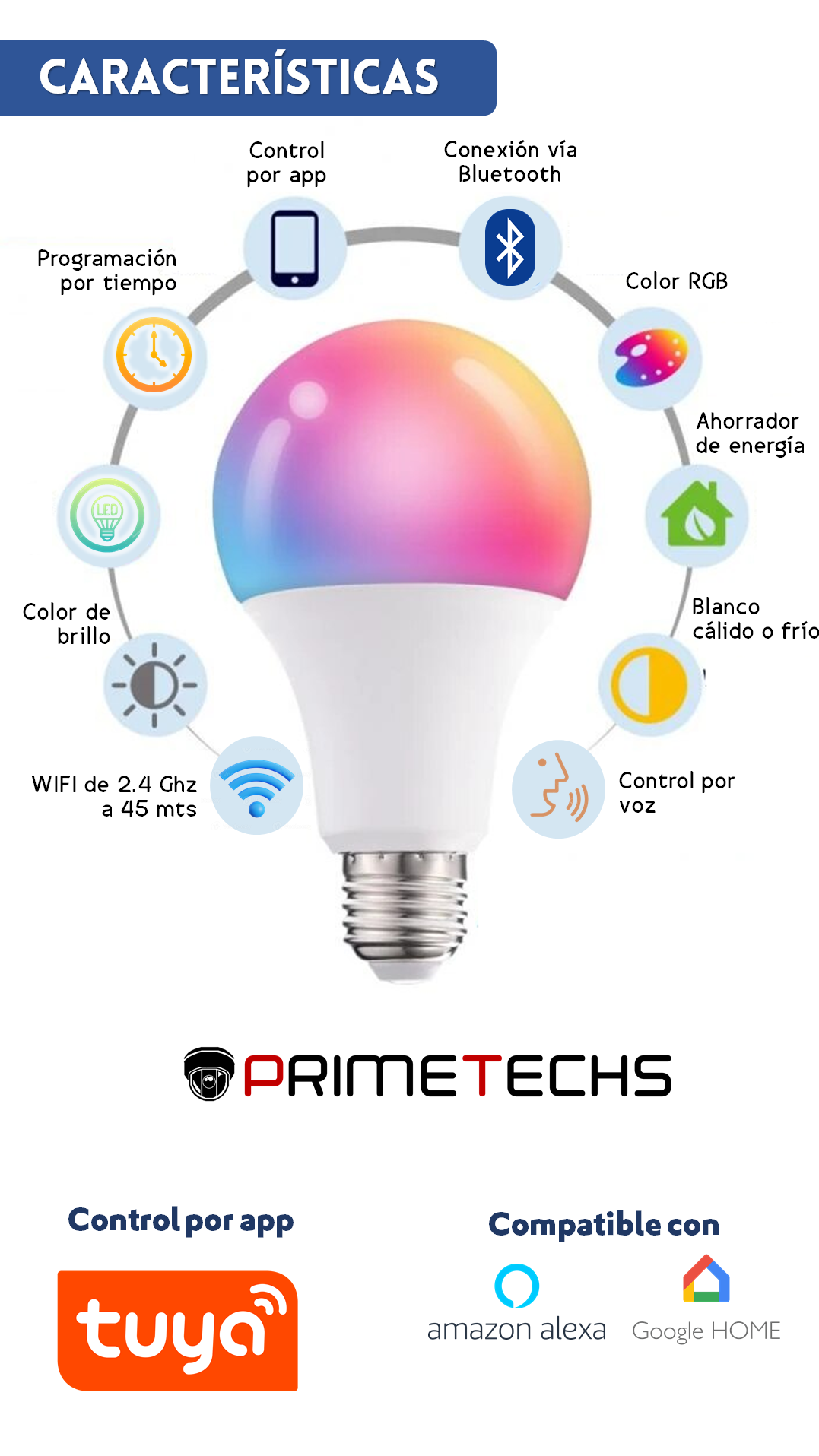 Bombilla LED Inteligente WiFi. RGB+CCT. Control mediante App Smart Life.  Compatible con Alexa y Google Home