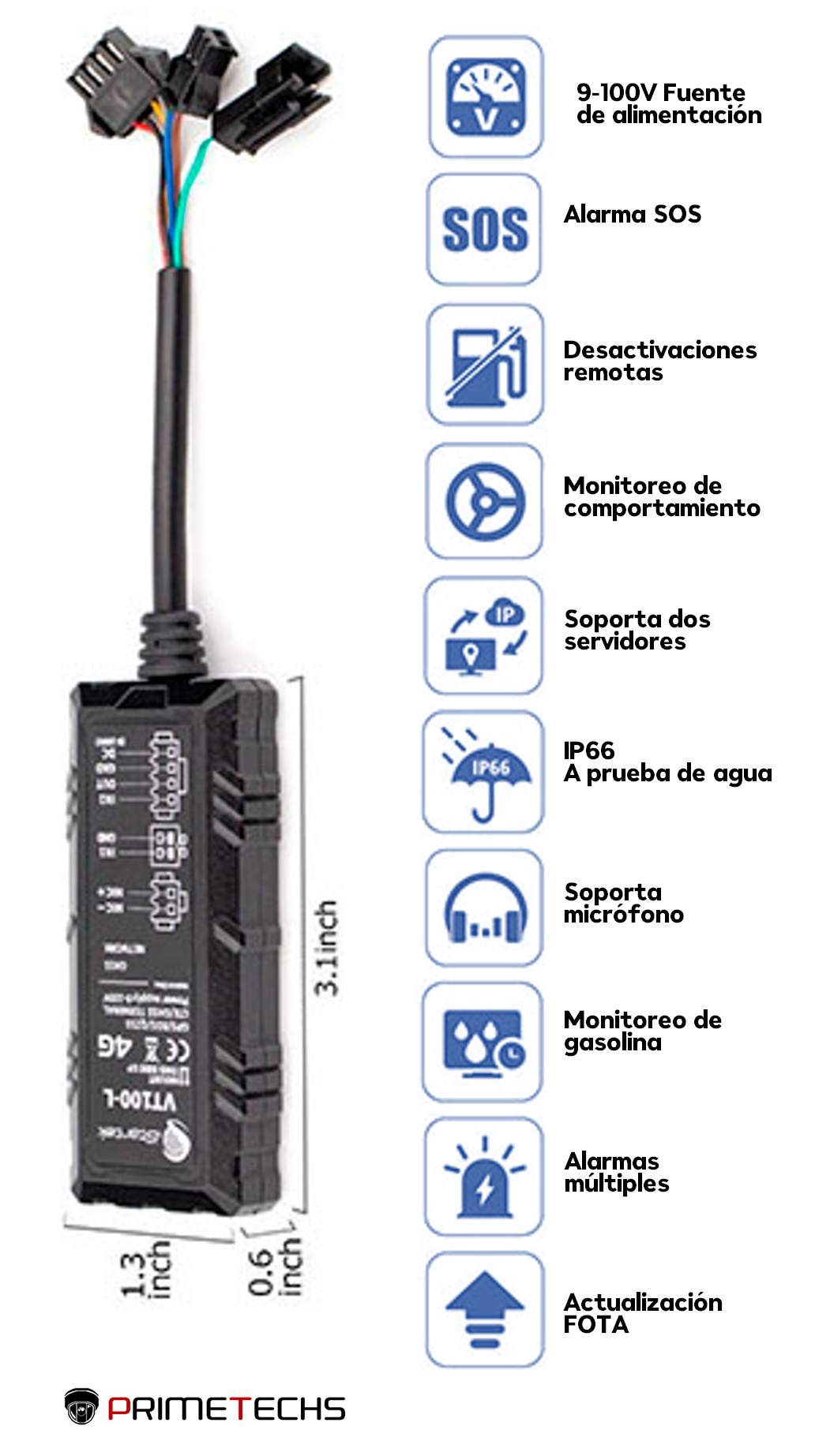 GPS Rastreador VT100 GPS Moto, Automóvil, Camioneta o Maquinaria.  Impermeable IP66, Múltiples I/O (Entradas y