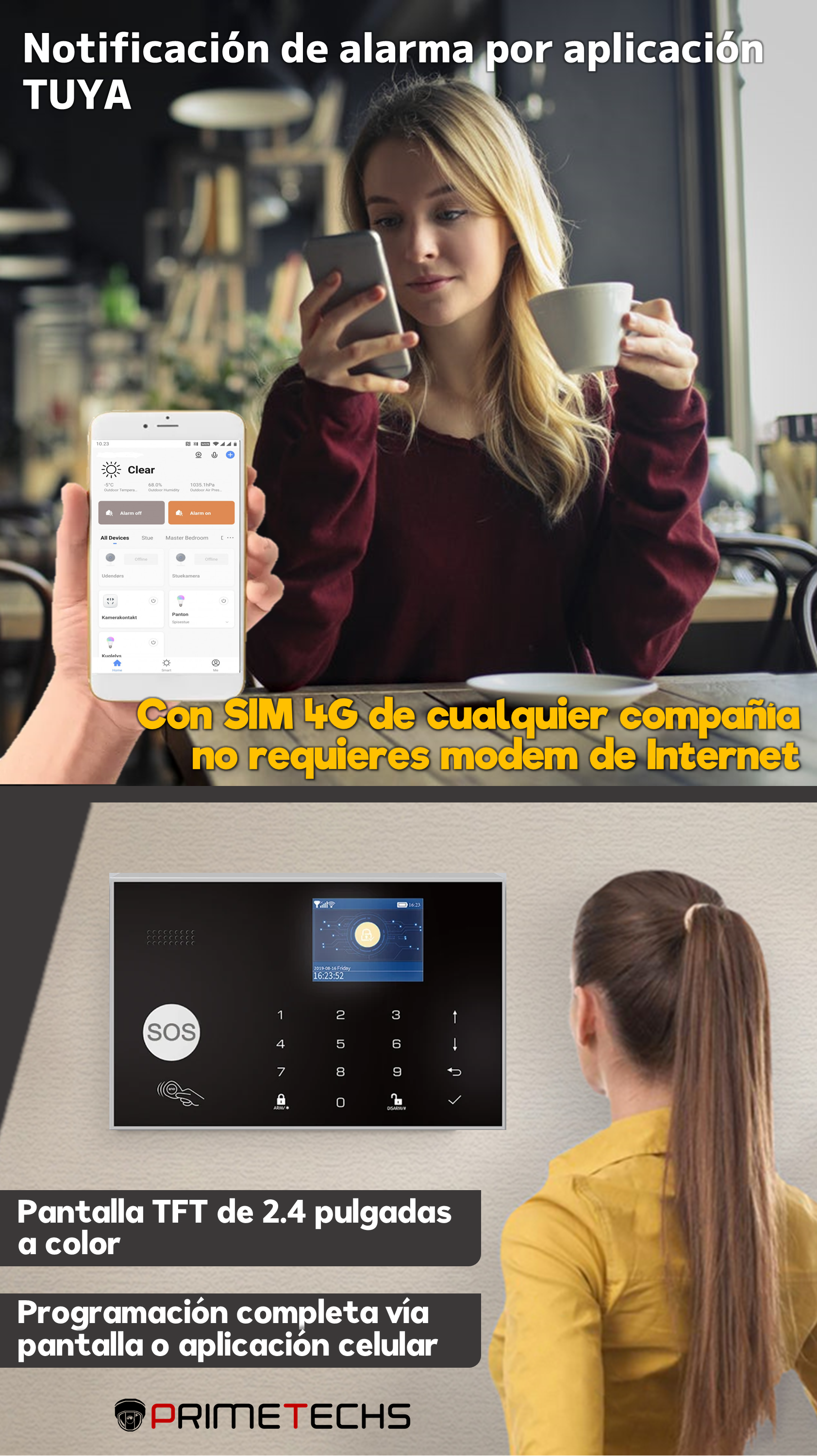 Alarma inalámbrica PRIMETECHS WIFI con pantalla touchscreen para sensores  inalámbricos y alámbricos, sirena exterior y notificación por aplicación  celular TUYA. Compatible con Alexa y Google Home.