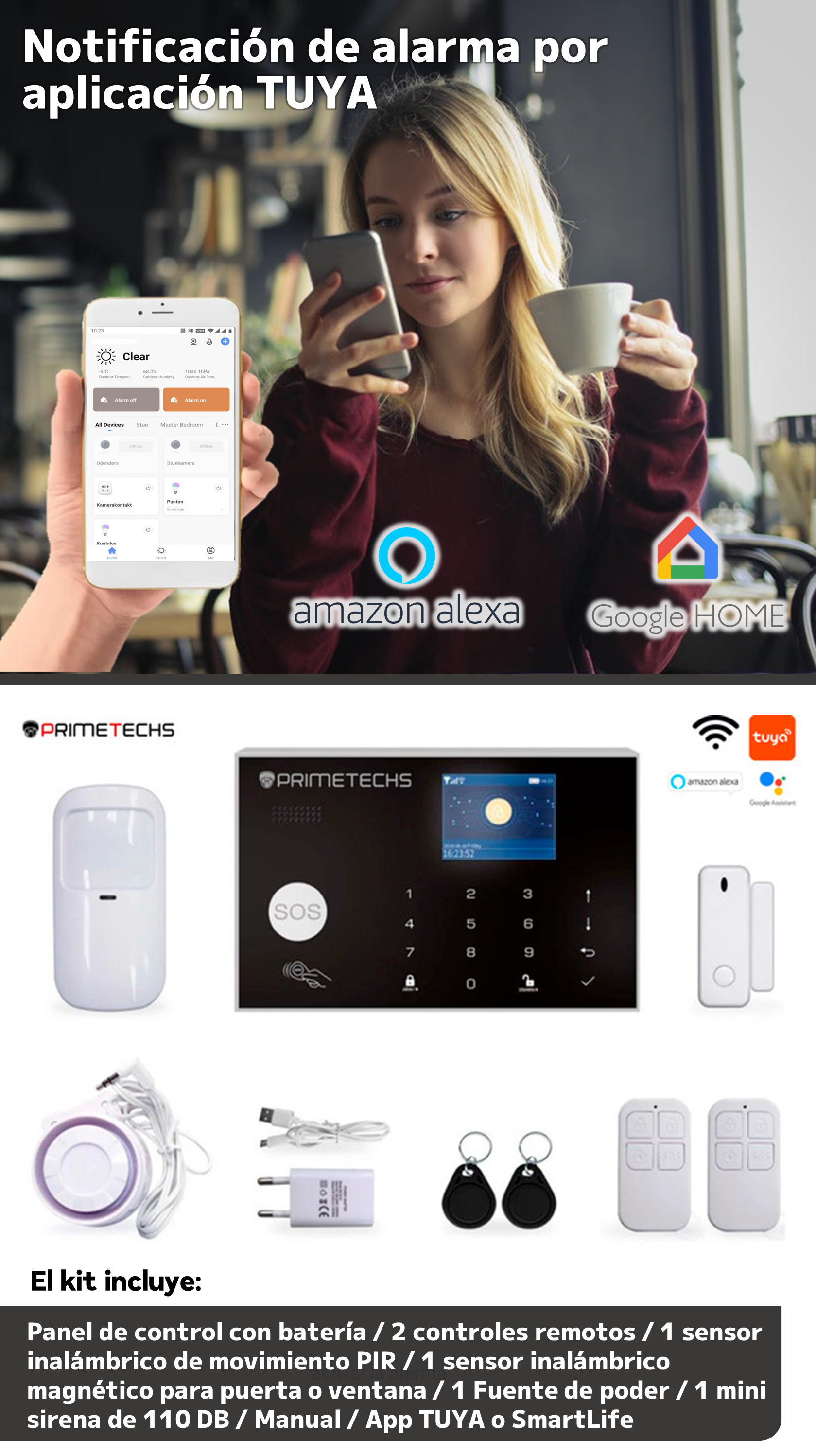 Alarma inalámbrica PRIMETECHS WIFI con pantalla touchscreen para sensores  inalámbricos y alámbricos, sirena exterior y notificación por aplicación  celular TUYA. Compatible con Alexa y Google Home.
