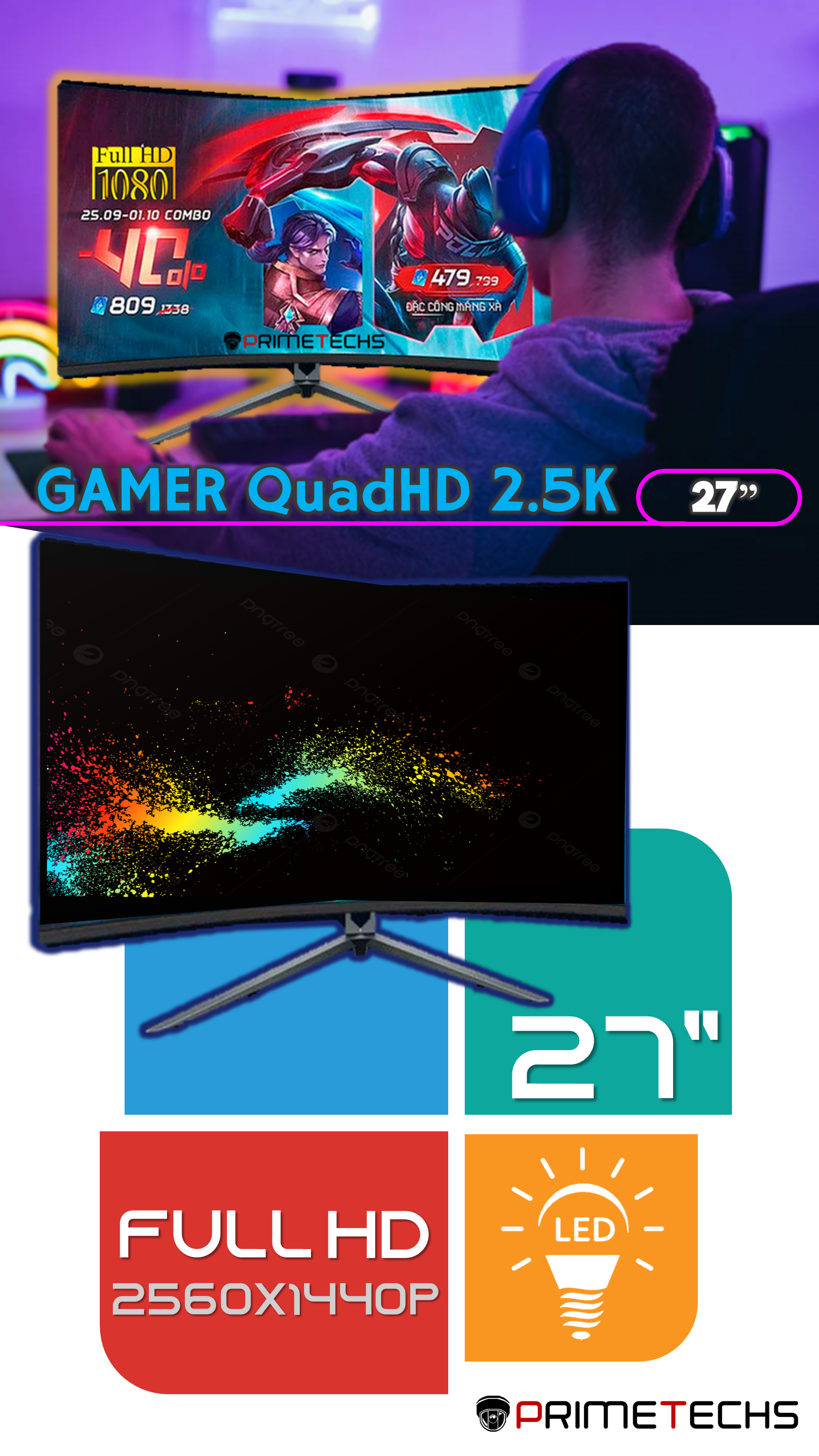 PRIMETECHS Monitor 27 Pulgadas GamerQuadHD (2.5K) (2560 x 1440) 165HZ, 1ms  Respuesta, Pantalla Curva, Wled de iluminación, sin Marco, Ultra Delgado,  excelente para Juegos de Alta exigencia