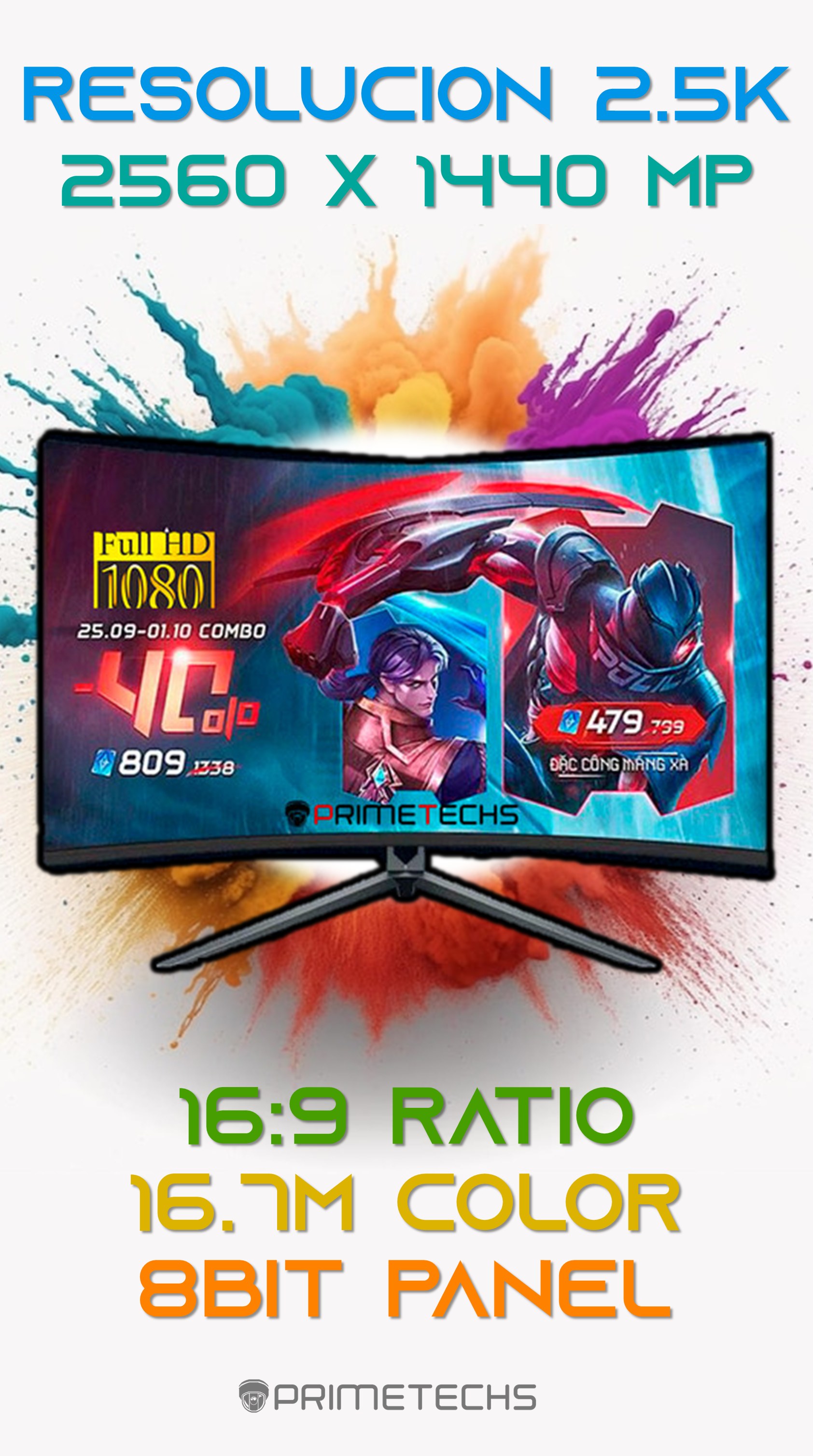 PRIMETECHS Monitor 27 Pulgadas Gamer Full HD 2 megapixeles 144HZ, 2 ms  Respuesta, Pantalla Curva, WLed de iluminación, sin Marco, ultradelgado