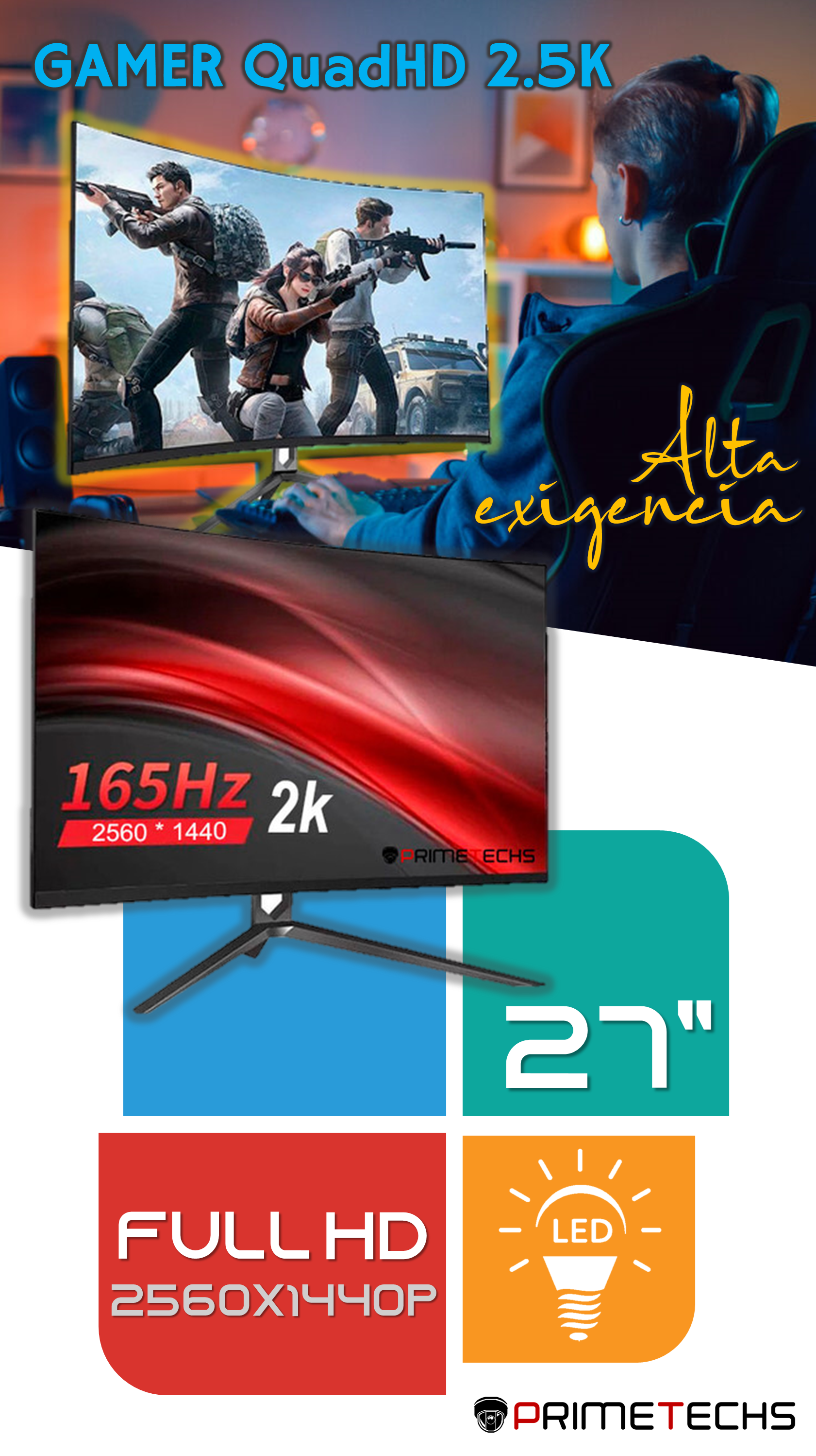 PRIMETECHS Monitor 27 Pulgadas Gamer Full HD 2 megapixeles 144HZ, 2 ms  Respuesta, Pantalla Curva, WLed de iluminación, sin Marco, ultradelgado