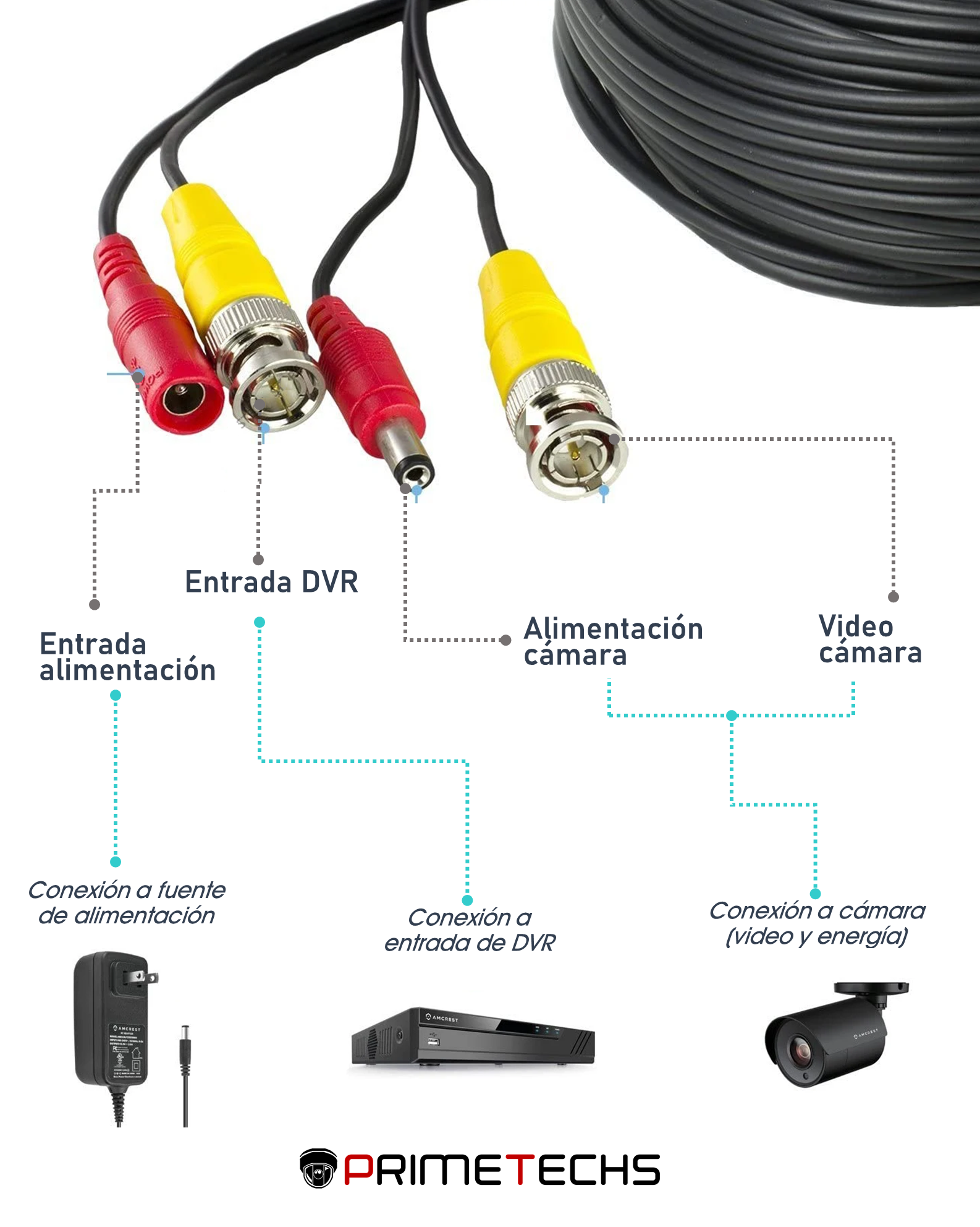 Cable RCA / BNC (audio, vídeo y alimentación) de 30 metros