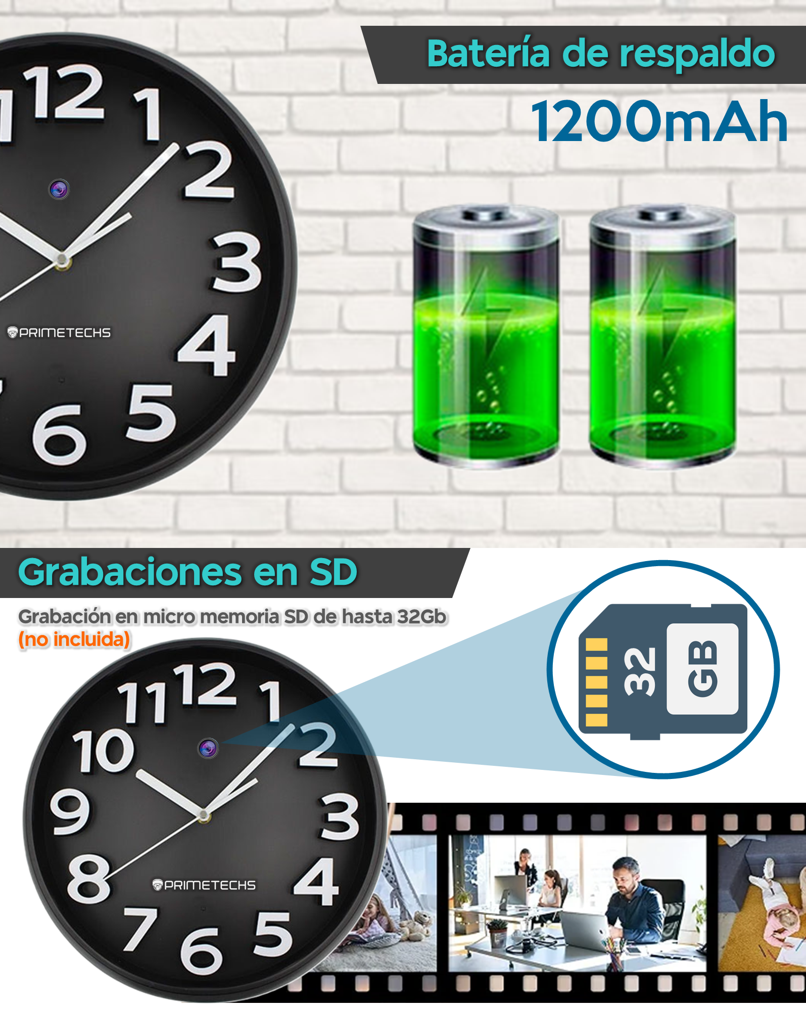 Reloj con mini cámara integrada de 1080p 2 megapíxeles, totalmente WIFI,  batería de respaldo de 1200mAh, infrarrojo discreto, 30fps