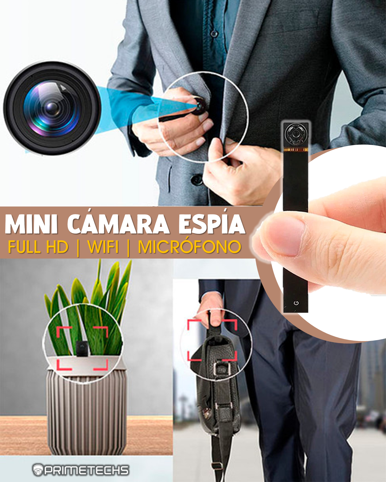 PRIMETECHS Cámara Super Mini de 2 megapíxeles FULLHD, WiFi, batería de  Respaldo, micrófono, tamaño Miniatura, App