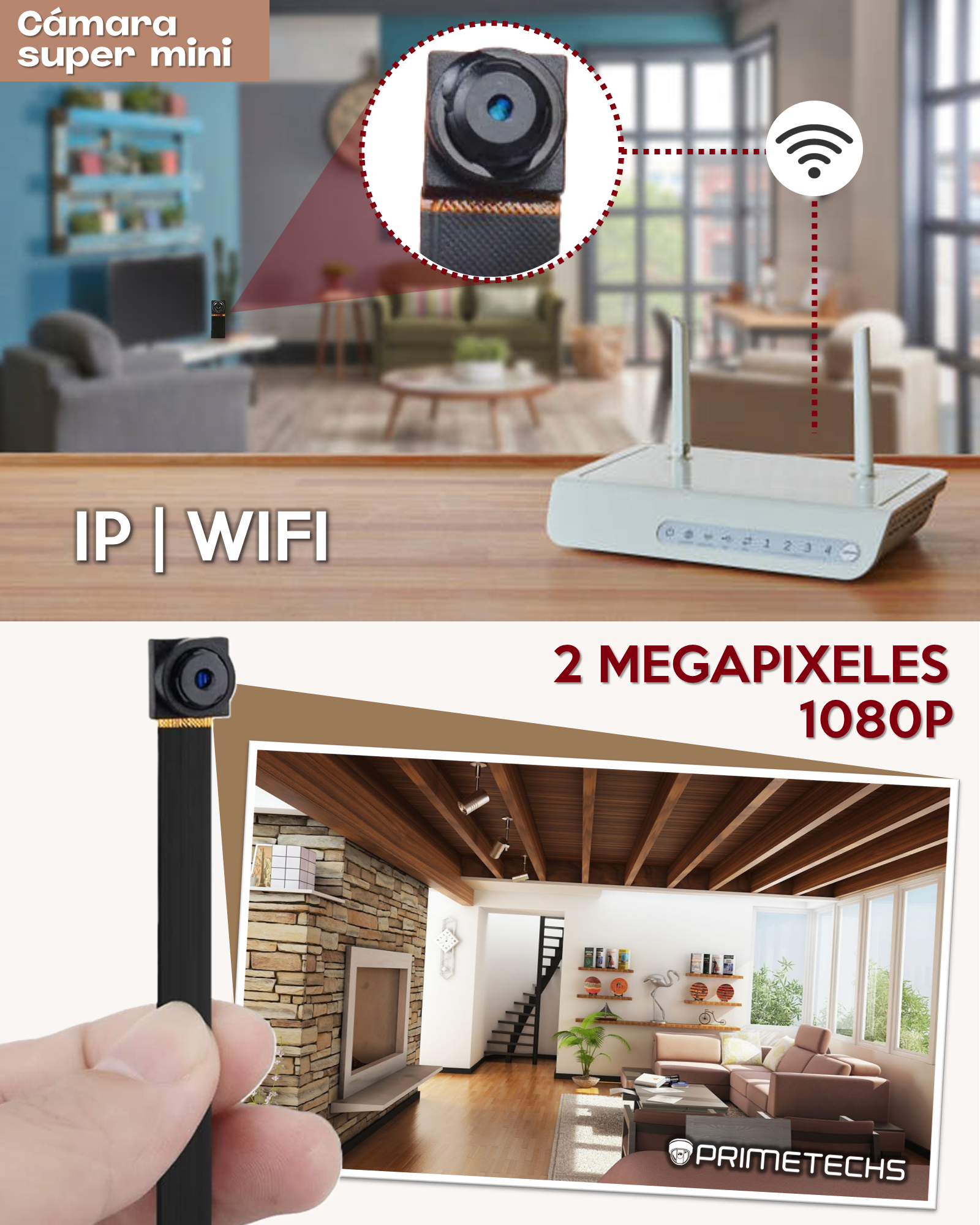 PRIMETECHS Cámara Super Mini de 2 megapíxeles FULLHD, WiFi, batería de  Respaldo, micrófono, tamaño Miniatura, App