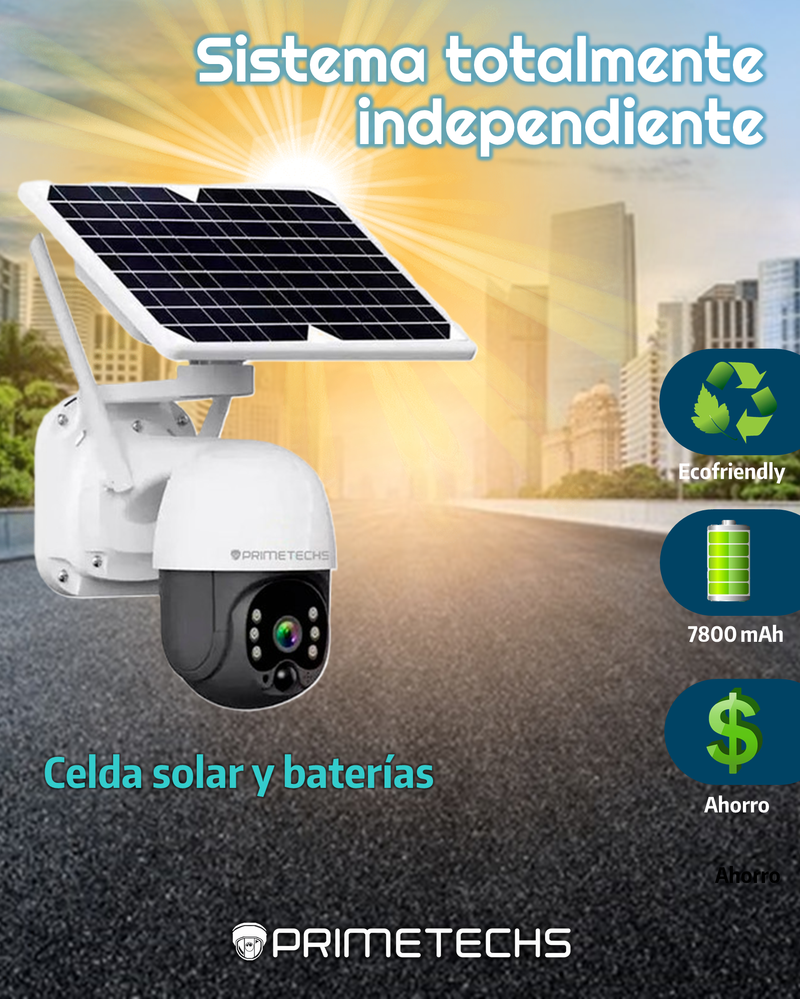 PRIMETECHS IP Cámara PT 2MP, 4g y solar, autónoma, detección movimiento,  baterías de respaldo, grabación por