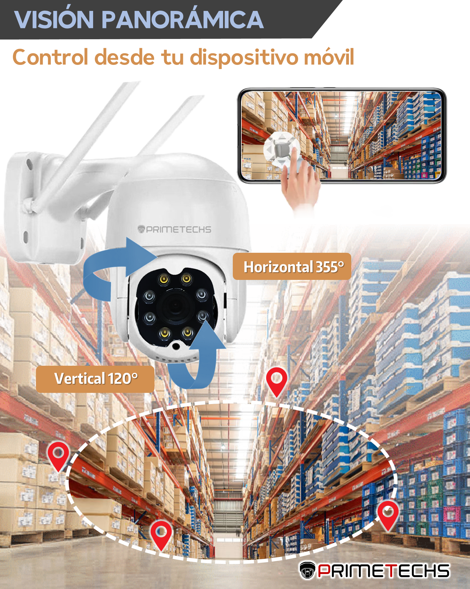 Cámara PRIMETECHS IP WIFI y Cable RJ45 LAN PTZ 5MP, Autotracking