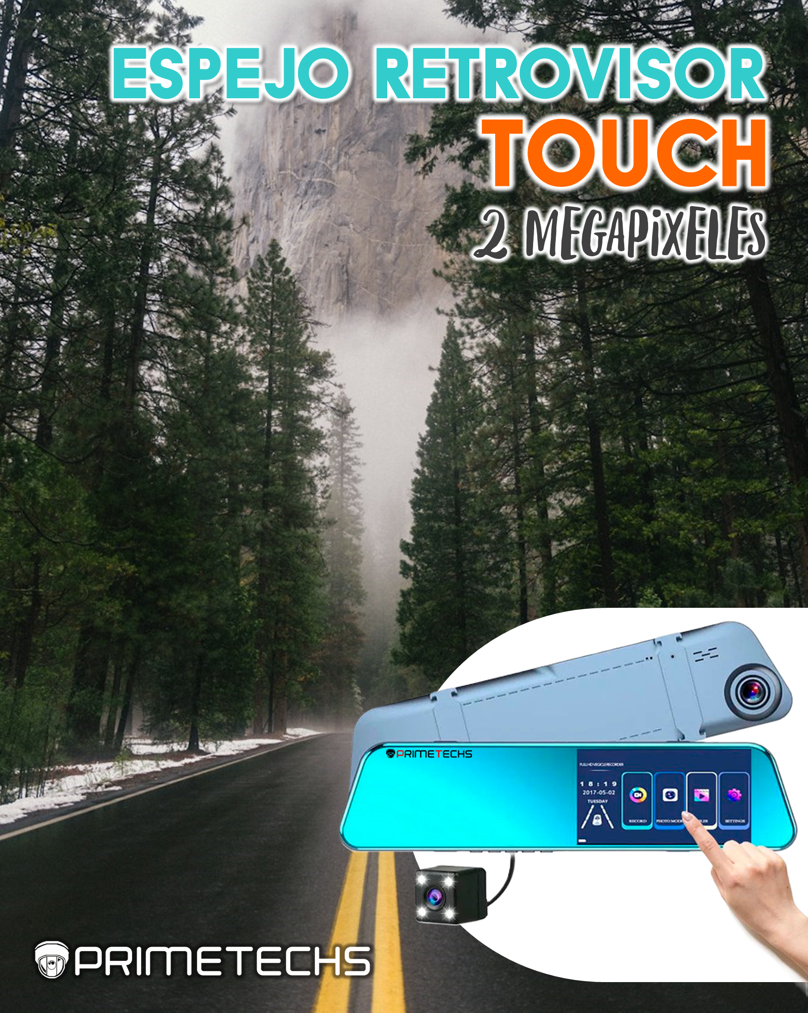 PRIMETECHS Espejo retrovisor Touch de 3mp FullHD, Doble cámara, Frontal,  reversa, micrófono, Pantalla 10, Ultra Delgado