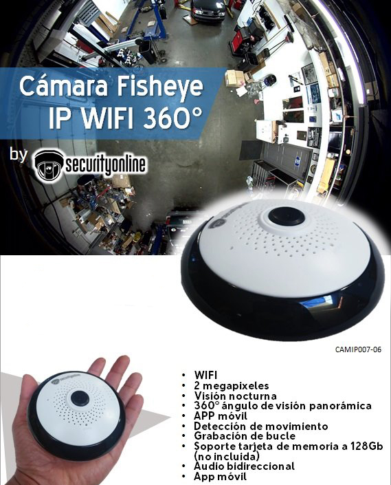 Cámara PRIMETECHS panoramica Fisheye IP WIFI 360°, APP Detección de movimiento, Audio bidireccional.
