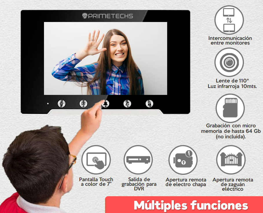 Kit Videoportero PRIMETECHS / Panel de control táctil inalámbrica /  Contestación local por monitor y celular App Tuya, crecimiento hasta 3  monitores, apertura remota de 1 o 2 puertas. Monitoreo remoto de