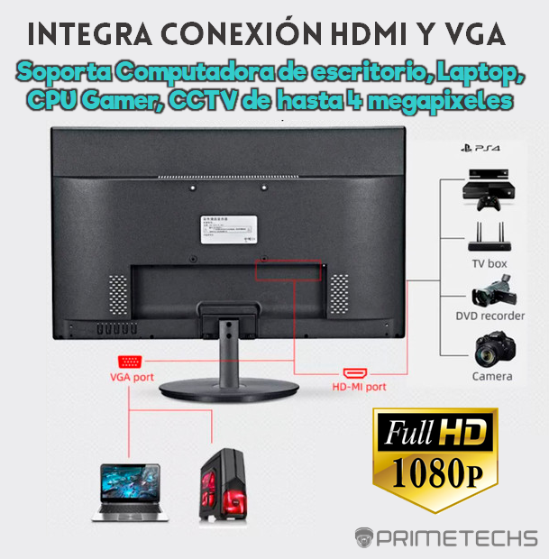 PRIMETECHS Monitor 17 pulgadas, VGA, HDMI, LED, 75H Y 2 Megapixeles (Full  HD)