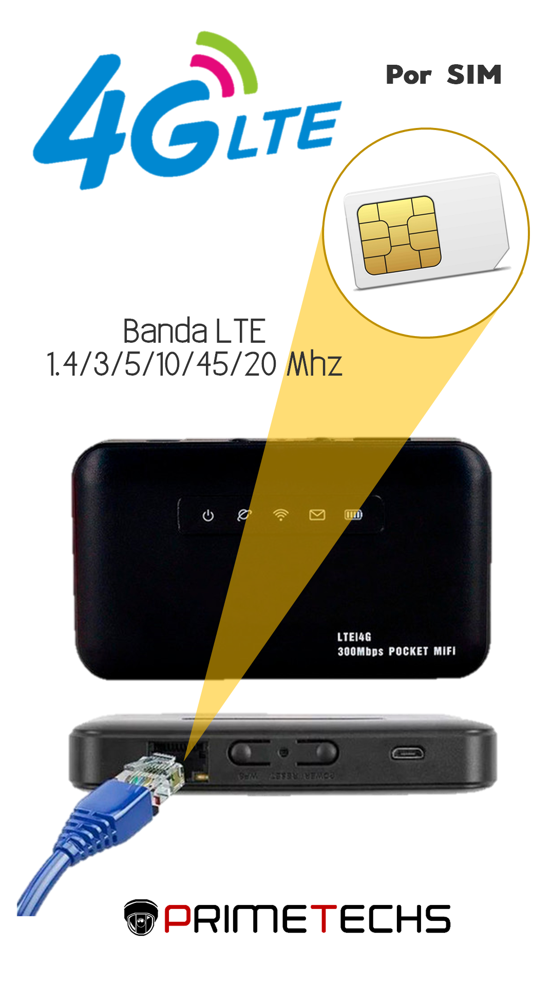 Internet Portatil PRIMETECHS, Enrutador Modem, MIFI, Internet Wi-Fi móvil,  SIM 4G LTE de cualquier compañía celular, 300 Mbps de velocidad, 1 Salida  RJ45 para conexión de PC o Switch de datos, Botón