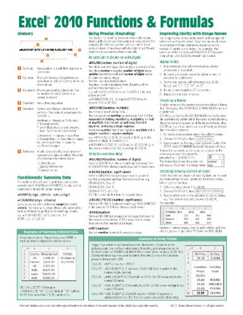 Microsoft Excel 2010 Functions & Formulas Quick Reference Guide (4-page Cheat Sheet focusing on examples and context for intermediate-to-advanced functions and formulas- Laminated Guide)