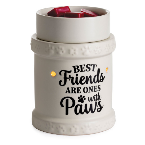 Indulge yourself in the delightful ambiance of the Best Friends Illumination Fragrance Warmer. The black lettering "Best Friend are Ones with Paws" on a cream warmer and adorable paw print details, is sure to remind you of your furry friends and their love and loyalty.