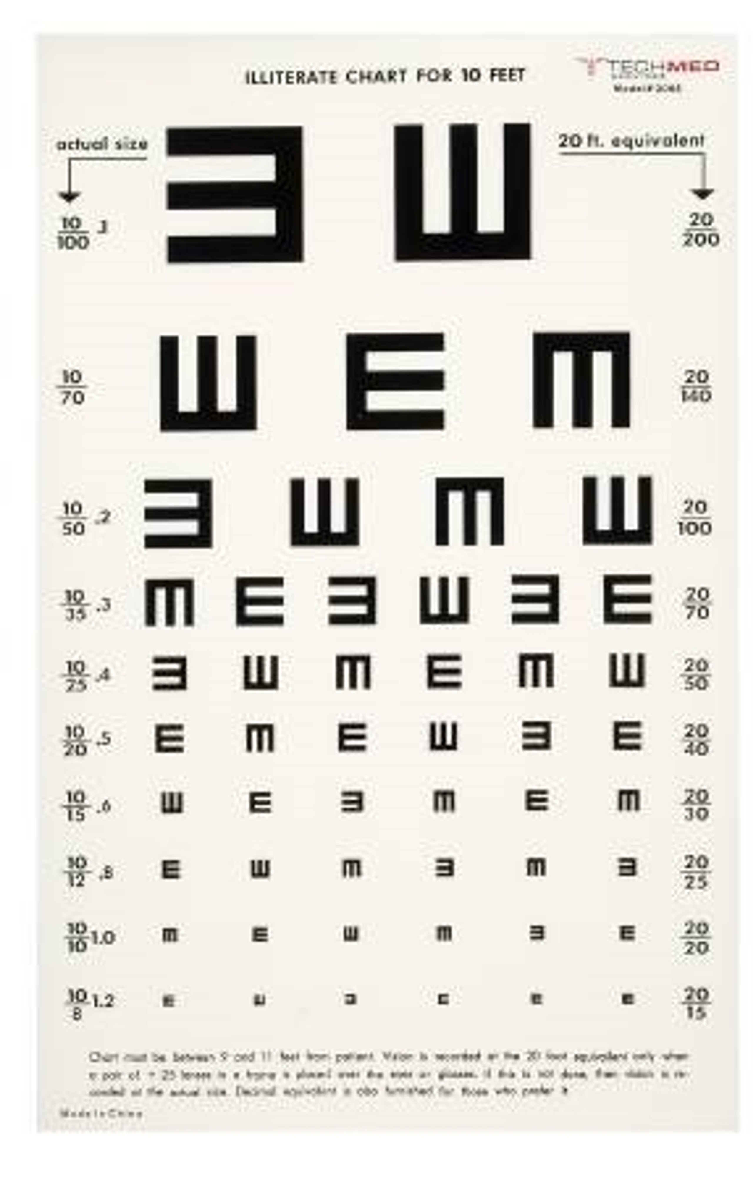 Snellen Eye Chart 20 Feet No Sales - 0022159 Illiterate Eye Charts 10 Foot 19336.1612847858 