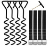 Trampoline Black Spiral Steel Stakes Corkscrew Shape Tie-Down Anchor with Nylon Straps & T-Hook Set