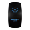 EMERGENCY LIGHTS rocker switch with laser-etched emergency lights icon, with the blue LED backlight on