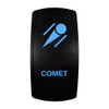 COMET rocker switch with laser-etched comet icon, with the blue LED backlight on