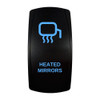 HEATED MIRRORS rocker switch with laser-etched heated mirrors icon, with the blue LED backlight on