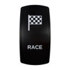 RACE rocker switch with laser-etched checkered flag icon, in daylight