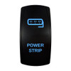 POWER STRIP rocker switch with laser-etched power strip icon, with the blue LED backlight on