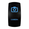 CAMERA rocker switch with laser-etched camera icon, with the blue LED backlight on
