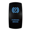 PARKING BRAKE rocker switch with laser-etched parking brake icon, with the blue LED backlight on