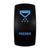 FEEDER rocker switch with laser-etched feeder icon, with the blue LED backlight on