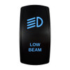 LOW BEAM rocker switch with laser-etched low beam icon, with the blue LED backlight on