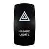 HAZARD LIGHTS rocker switch with laser-etched hazard lights icon, in daylight