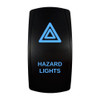 HAZARD LIGHTS rocker switch with laser-etched hazard lights icon, with the blue LED backlight on