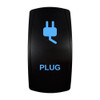 PLUG rocker switch with laser-etched plug icon, with the blue LED backlight on