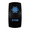 ATOM rocker switch with laser-etched atom icon, with the blue LED backlight on