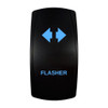 FLASHER rocker switch with laser-etched turn signal icon, with the blue LED backlight on