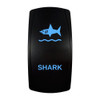 SHARK rocker switch with laser-etched shark icon, with the blue LED backlight on