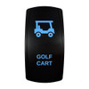 GOLF CART rocker switch with laser-etched golf cart icon, with the blue LED backlight on