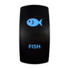 FISH rocker switch with laser-etched fish icon, with the blue LED backlight on